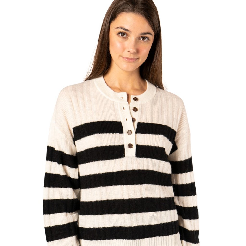 Naadam Lightweight Cashmere Striped Ribbed Henley - Black White